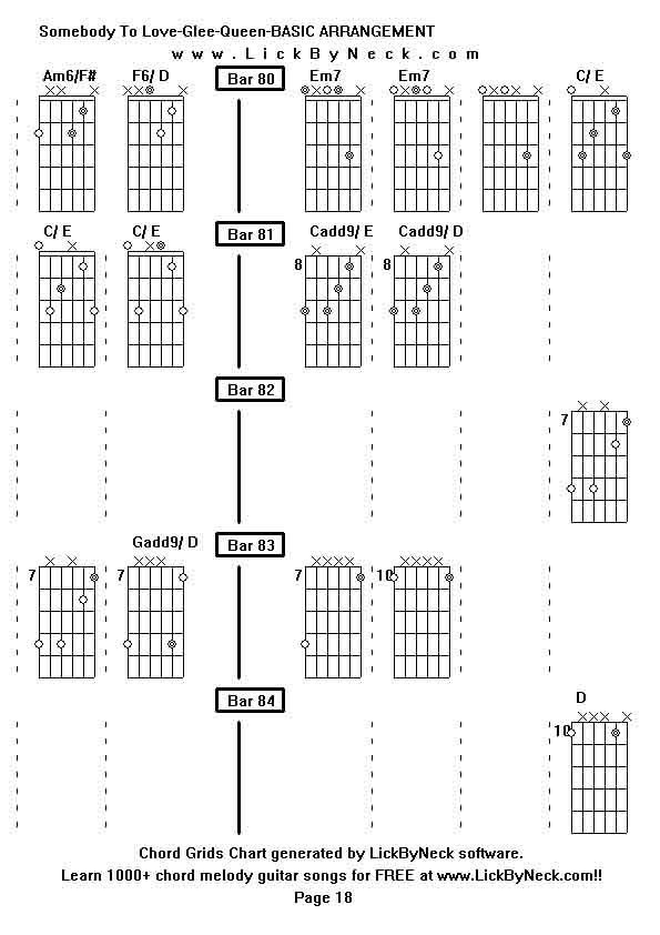 Chord Grids Chart of chord melody fingerstyle guitar song-Somebody To Love-Glee-Queen-BASIC ARRANGEMENT,generated by LickByNeck software.